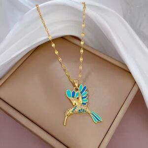 Blue Hummingbird Gold Pendant Necklace
